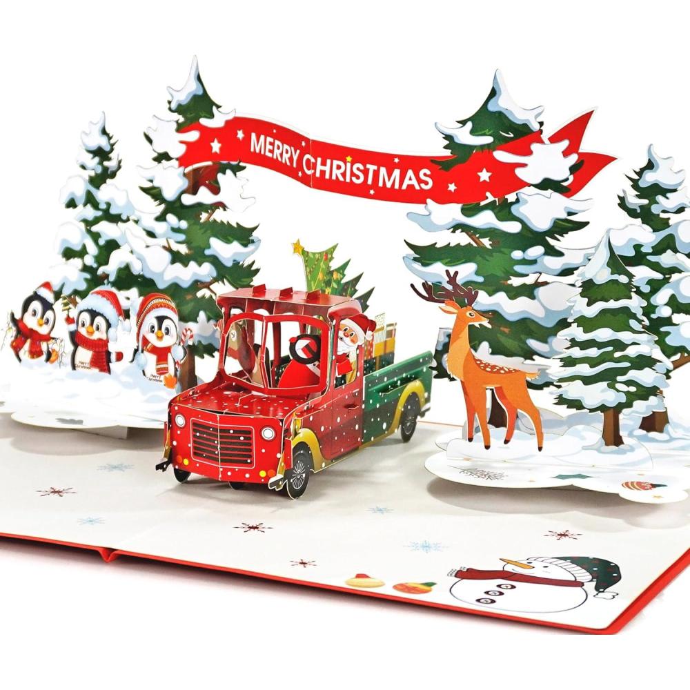 imageCUTPOPUP Christmas Card Pop Up 3D Xmas Merry Christmas New Year Holiday Greeting Cards Gift Merry Chrismas Text CN318US1520Truck under Tree  6x8