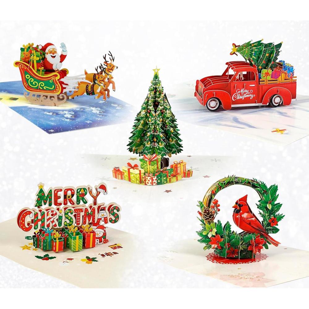 imageCUTPOPUP Christmas Card Pop Up 3D Xmas Merry Christmas New Year Holiday Greeting Cards Gift Sleigh Tree Cardinal MerryXmas Truck SET4US1218