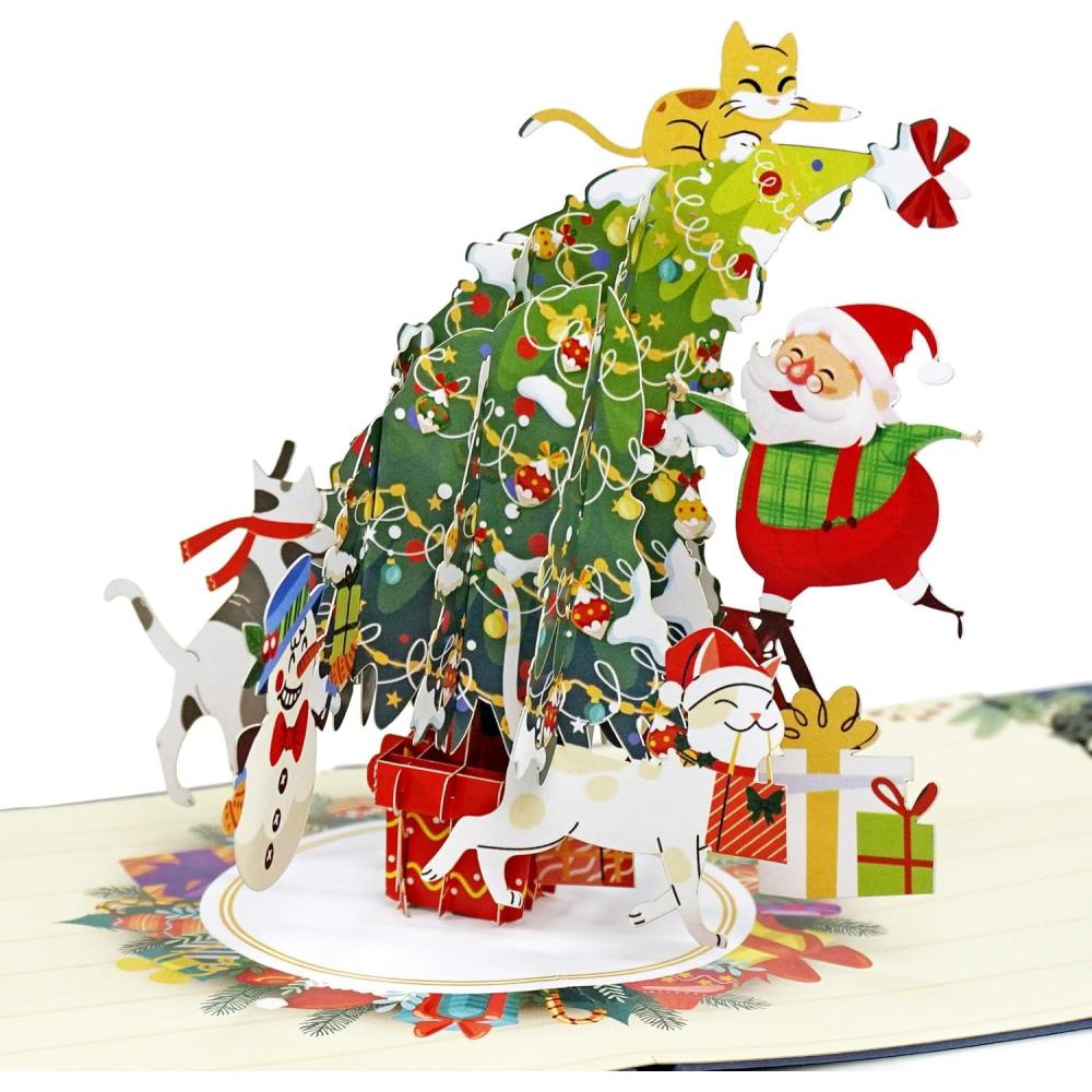 imageCUTPOPUP Christmas Card Pop Up Poinsettia Card 3D Xmas New Year Holiday Greeting Card Round Poinsettia with CardinalChristmas Tree with Santa