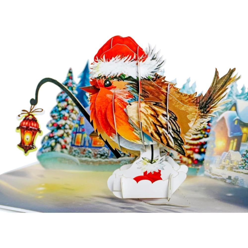 imageCUTPOPUP Christmas Card Pop Up Poinsettia Card 3D Xmas New Year Holiday Greeting Card Round Poinsettia with CardinalRobin Xmas6x8in