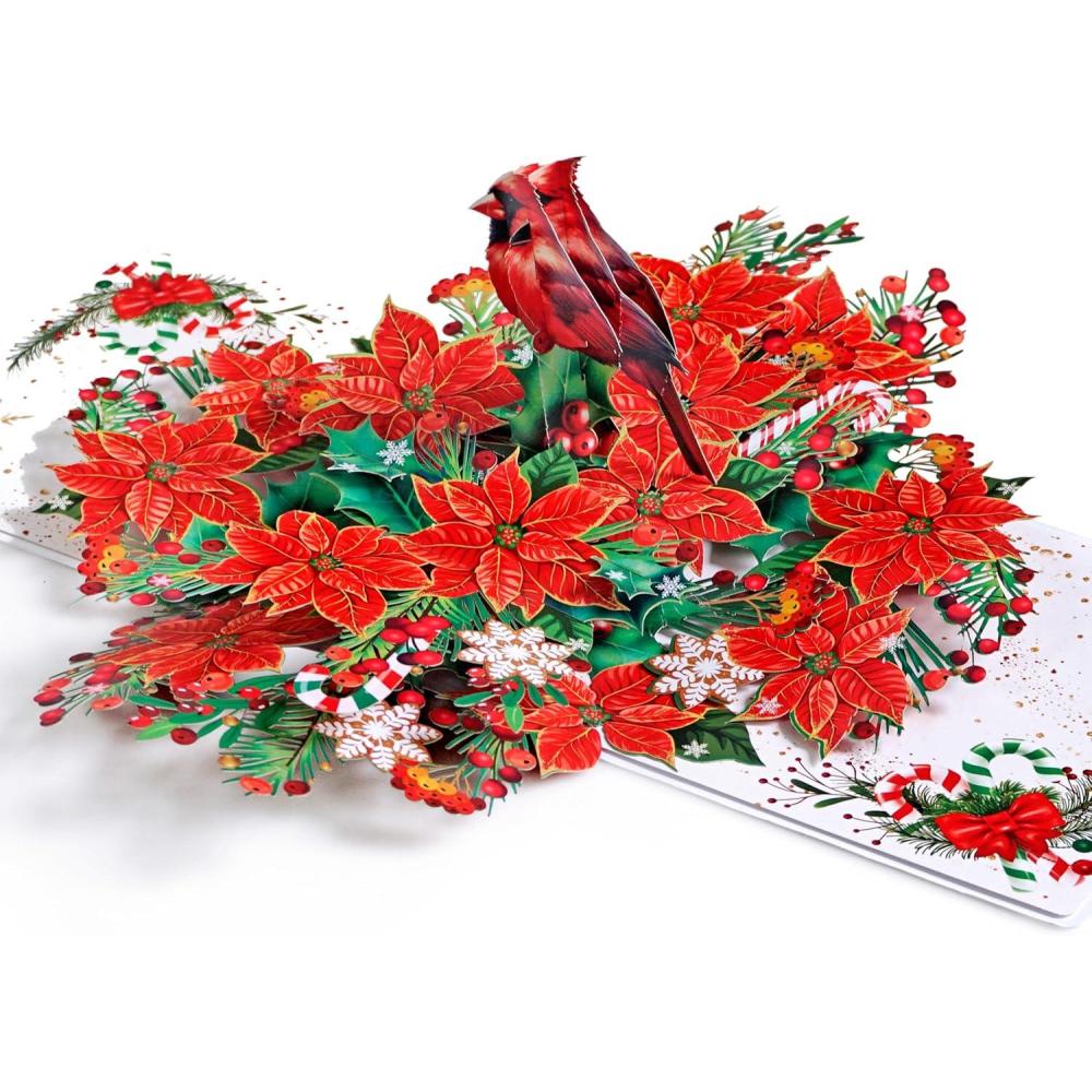 imageCUTPOPUP Christmas Card Pop Up Poinsettia Card 3D Xmas New Year Holiday Greeting Card Round Poinsettia with CardinalRound Poinsettia with Cardinal6x8in