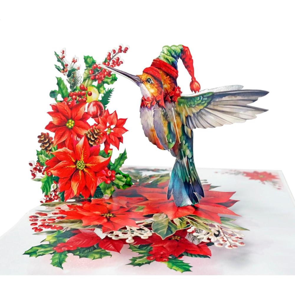 imageCUTPOPUP Christmas Card Pop Up Poinsettia Card 3D Xmas New Year Holiday Greeting Card Round Poinsettia with CardinalXmas Hummingbird6x8in