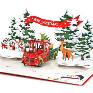 CUTPOPUP Christmas Card Pop Up, 3D Xmas, Merry Christmas, New Year, Holiday Greeting Cards Gift (Merry Chrismas Text) CN318US1520(Truck under Tree – 6″x8″)