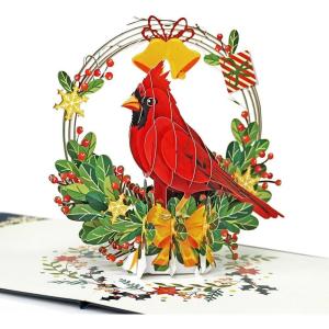 CUTPOPUP Christmas Card Pop Up, Poinsettia Card, 3D Xmas, New Year, Holiday Greeting Card (Round Poinsettia with Cardinal)(Cardinal Basket)