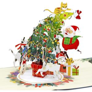 CUTPOPUP Christmas Card Pop Up, Poinsettia Card, 3D Xmas, New Year, Holiday Greeting Card (Round Poinsettia with Cardinal)(Christmas Tree with Santa)