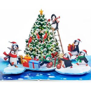 CUTPOPUP Christmas Card Pop Up, Poinsettia Card, 3D Xmas, New Year, Holiday Greeting Card (Round Poinsettia with Cardinal)(Merry Penguins-6x8in)