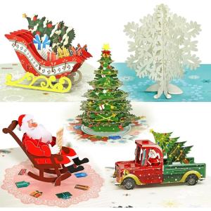 CUTPOPUP Christmas Card Pop Up, Poinsettia Card, 3D Xmas, New Year, Holiday Greeting Card (Round Poinsettia with Cardinal)(Set5-5x7in)