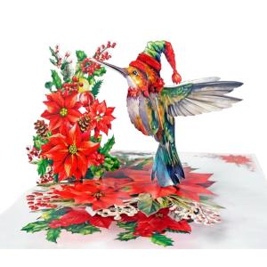 CUTPOPUP Christmas Card Pop Up, Poinsettia Card, 3D Xmas, New Year, Holiday Greeting Card (Round Poinsettia with Cardinal)(Xmas Hummingbird-6x8in)