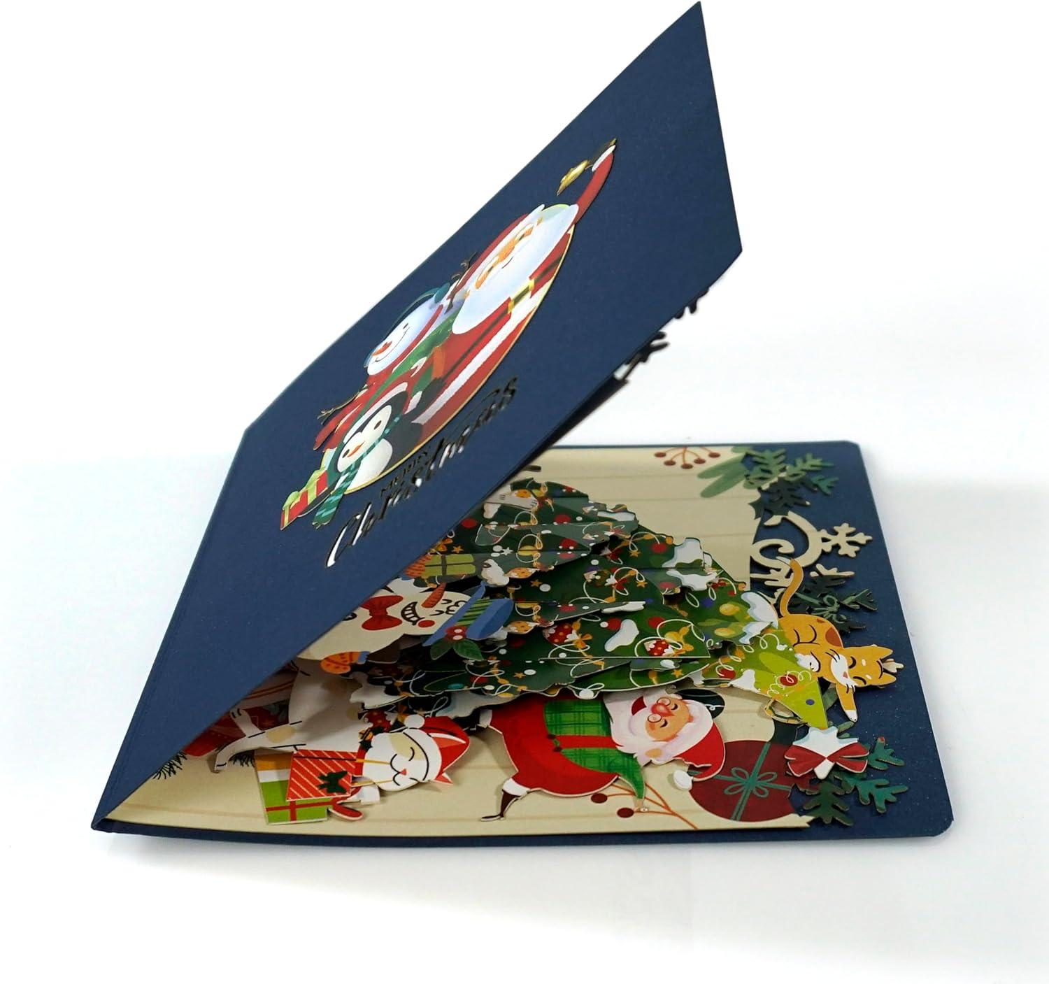 imageCUTPOPUP Christmas Card Pop Up Poinsettia Card 3D Xmas New Year Holiday Greeting Card Poinsettia Basket with CardinalsChristmas Tree with Santa