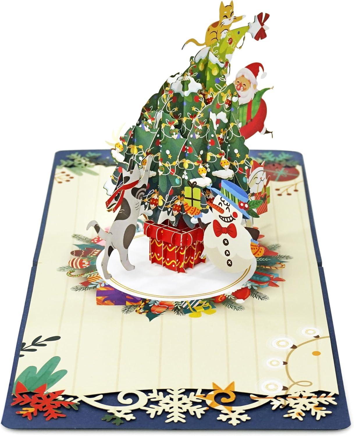 imageCUTPOPUP Christmas Card Pop Up Poinsettia Card 3D Xmas New Year Holiday Greeting Card Poinsettia Basket with CardinalsChristmas Tree with Santa