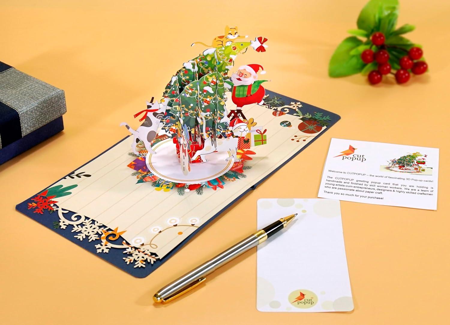 imageCUTPOPUP Christmas Card Pop Up Poinsettia Card 3D Xmas New Year Holiday Greeting Card Poinsettia Basket with CardinalsChristmas Tree with Santa