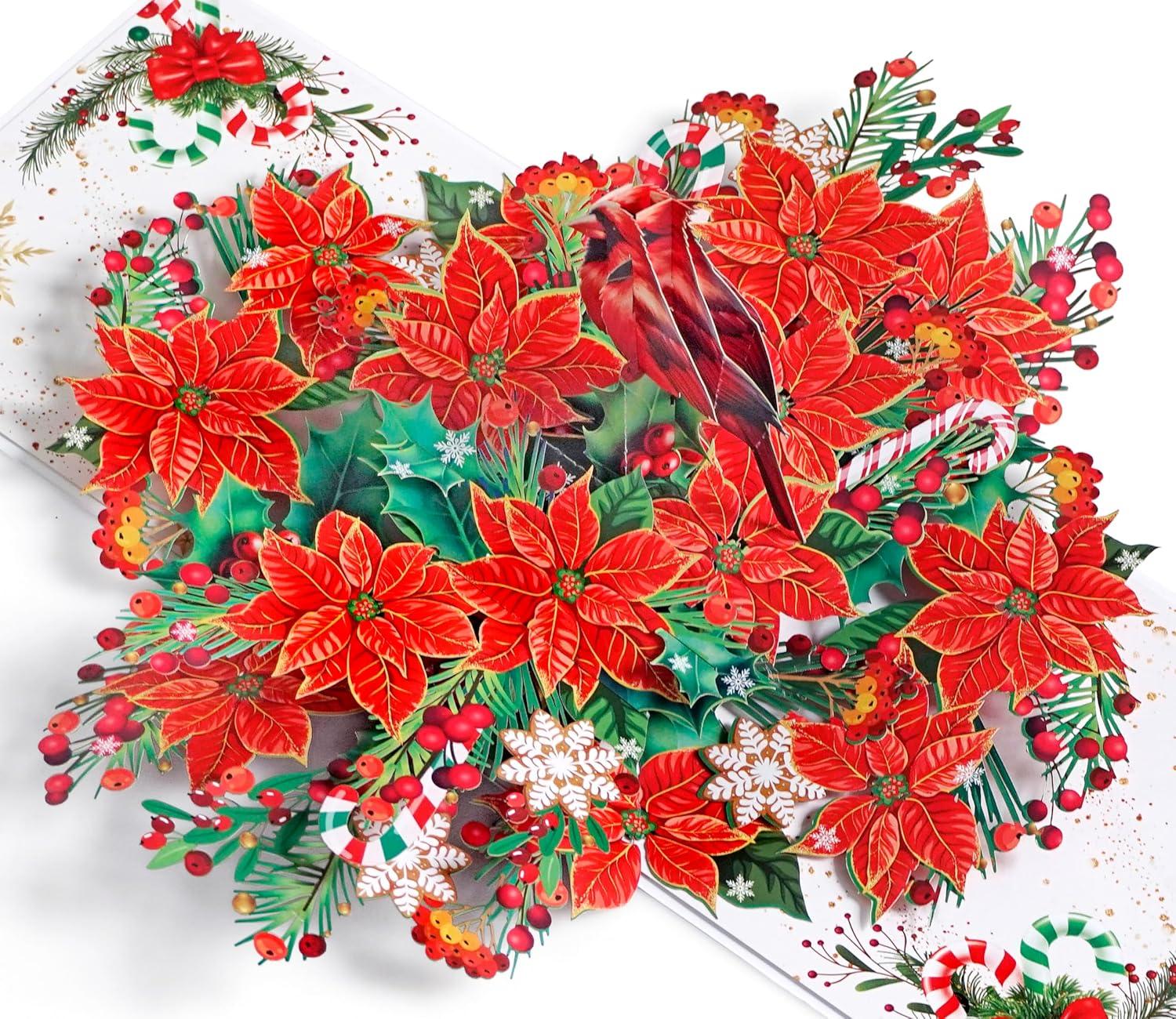 imageCUTPOPUP Christmas Card Pop Up Poinsettia Card 3D Xmas New Year Holiday Greeting Card Poinsettia Basket with CardinalsRound Poinsettia with Cardinal6x8in