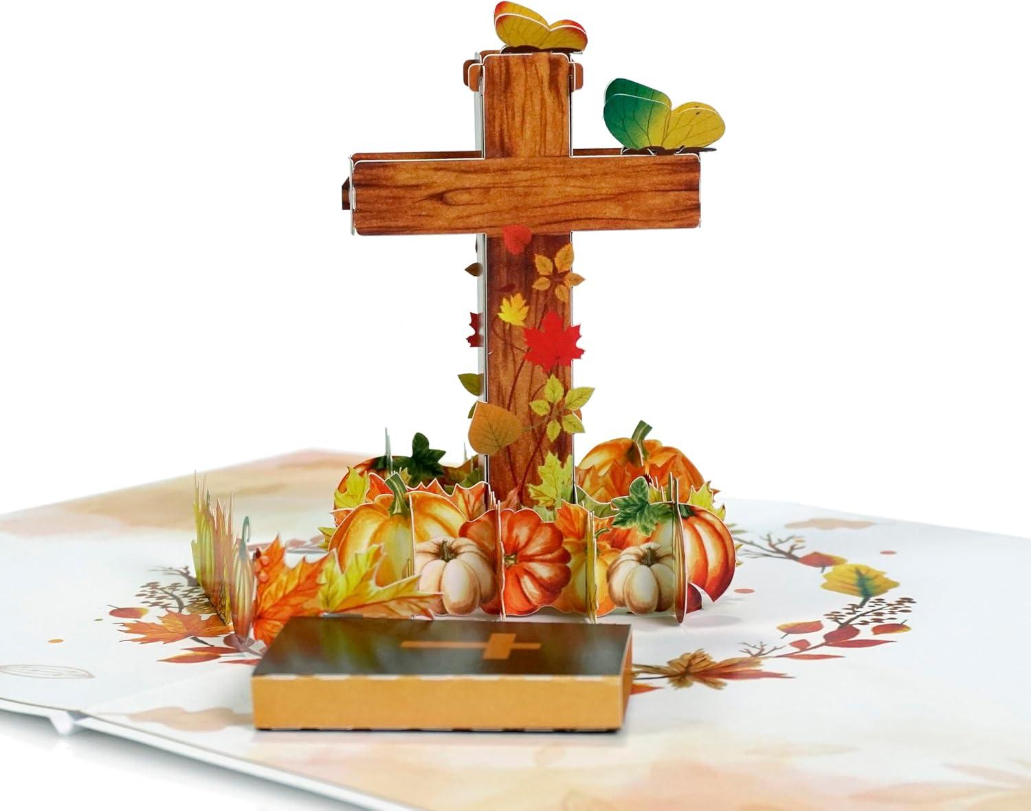 imageCUTPOPUP Religious Thanksgiving Card Pop Up 3D Grateful Thankful and Blessed Fall Greeting Cards Pumpkin Leaves Cross Blank Note Cards with Envelope SD255US1520