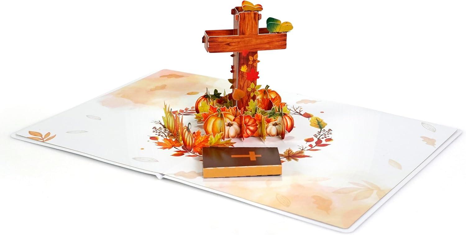 imageCUTPOPUP Religious Thanksgiving Card Pop Up 3D Grateful Thankful and Blessed Fall Greeting Cards Pumpkin Leaves Cross Blank Note Cards with Envelope SD255US1520