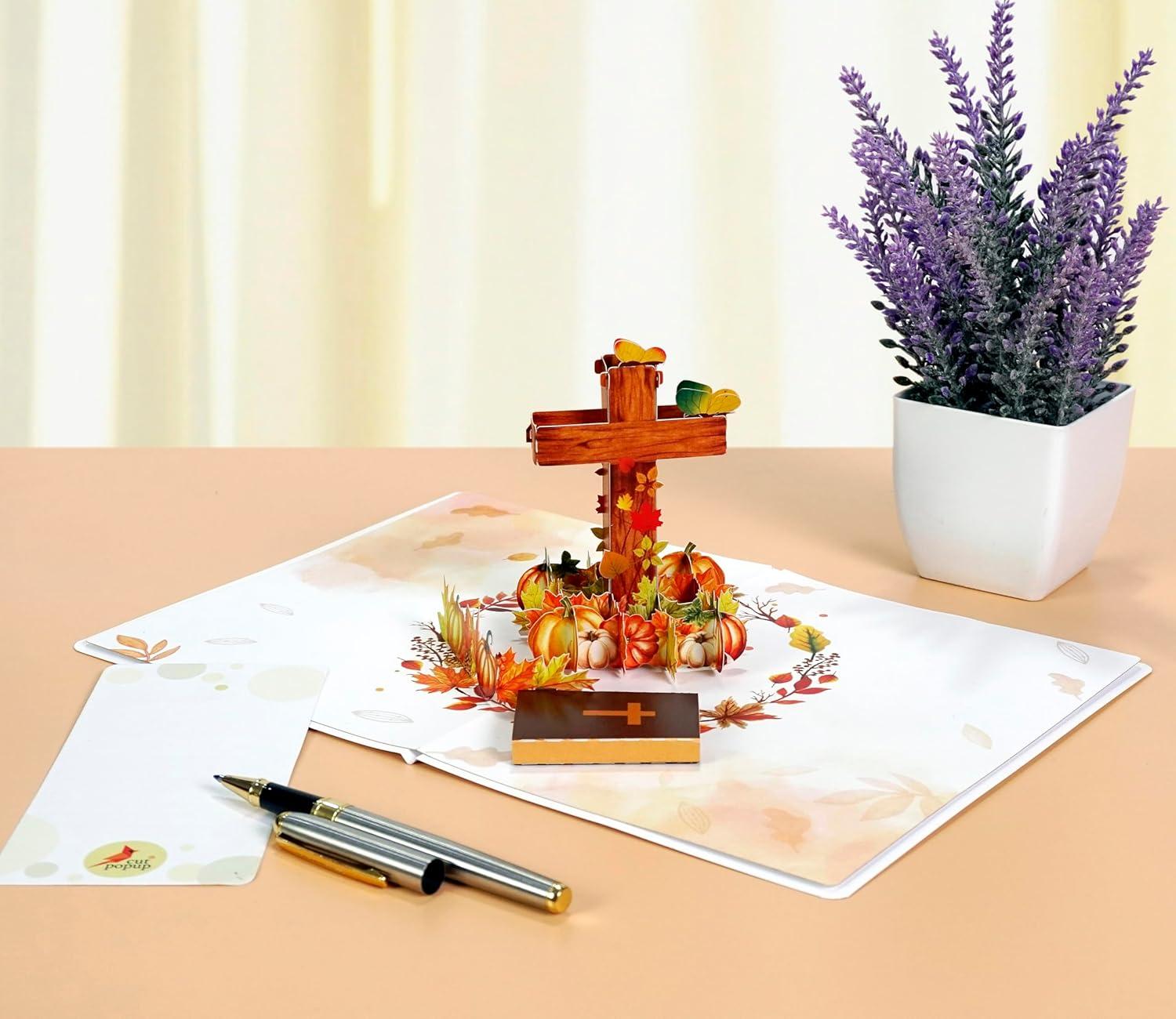 imageCUTPOPUP Religious Thanksgiving Card Pop Up 3D Grateful Thankful and Blessed Fall Greeting Cards Pumpkin Leaves Cross Blank Note Cards with Envelope SD255US1520