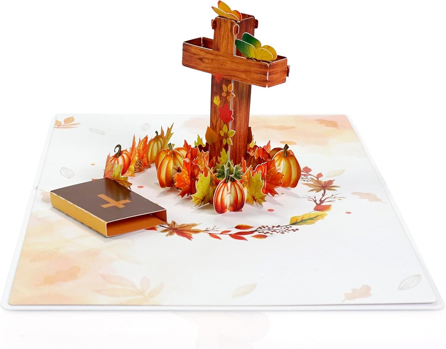 imageCUTPOPUP Religious Thanksgiving Card Pop Up 3D Grateful Thankful and Blessed Fall Greeting Cards Pumpkin Leaves Cross Blank Note Cards with Envelope SD255US1520