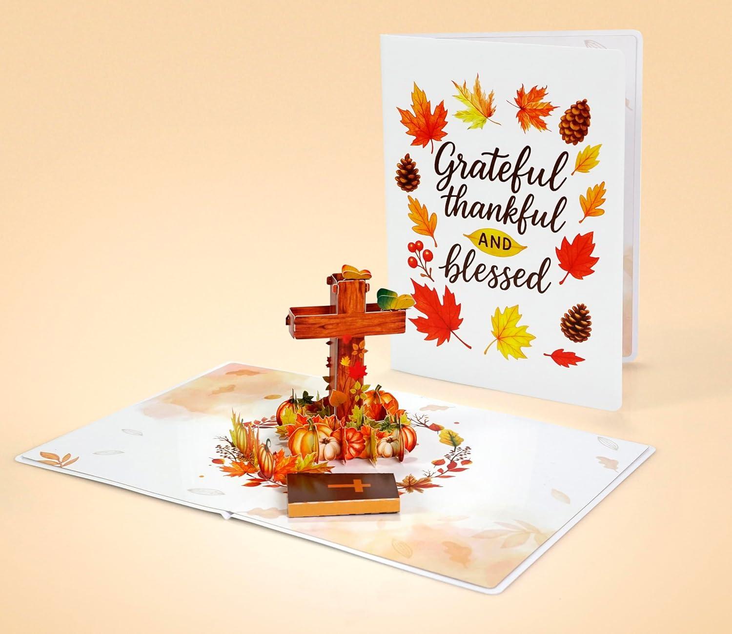imageCUTPOPUP Religious Thanksgiving Card Pop Up 3D Grateful Thankful and Blessed Fall Greeting Cards Pumpkin Leaves Cross Blank Note Cards with Envelope SD255US1520