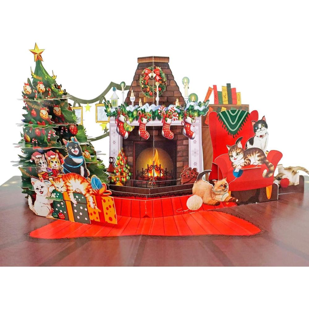 imageCUTPOPUP Christmas Card Pop Up Poinsettia Card 3D Xmas New Year Holiday Greeting Card Poinsettia Basket with CardinalsXmas Fireplace6x8in
