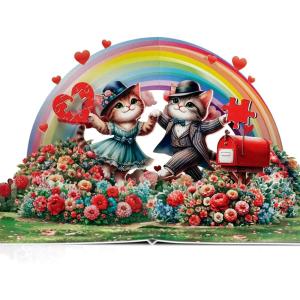 CUTPOPUP Anniversary Card Pop Up, Valentines Day, 3D Popup Greeting Love Card (Corgi Couple AirBalloon)(Rainbow Cat Couple-6x8in)