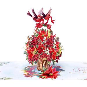 CUTPOPUP Christmas Card Pop Up, Poinsettia Card, 3D Xmas, New Year, Holiday Greeting Card (Poinsettia Basket with Cardinals)(Poinsettia Basket with Cardinals-6x8in)