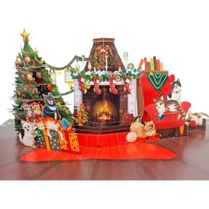 CUTPOPUP Christmas Card Pop Up, Poinsettia Card, 3D Xmas, New Year, Holiday Greeting Card (Poinsettia Basket with Cardinals)(Xmas Fireplace-6x8in)