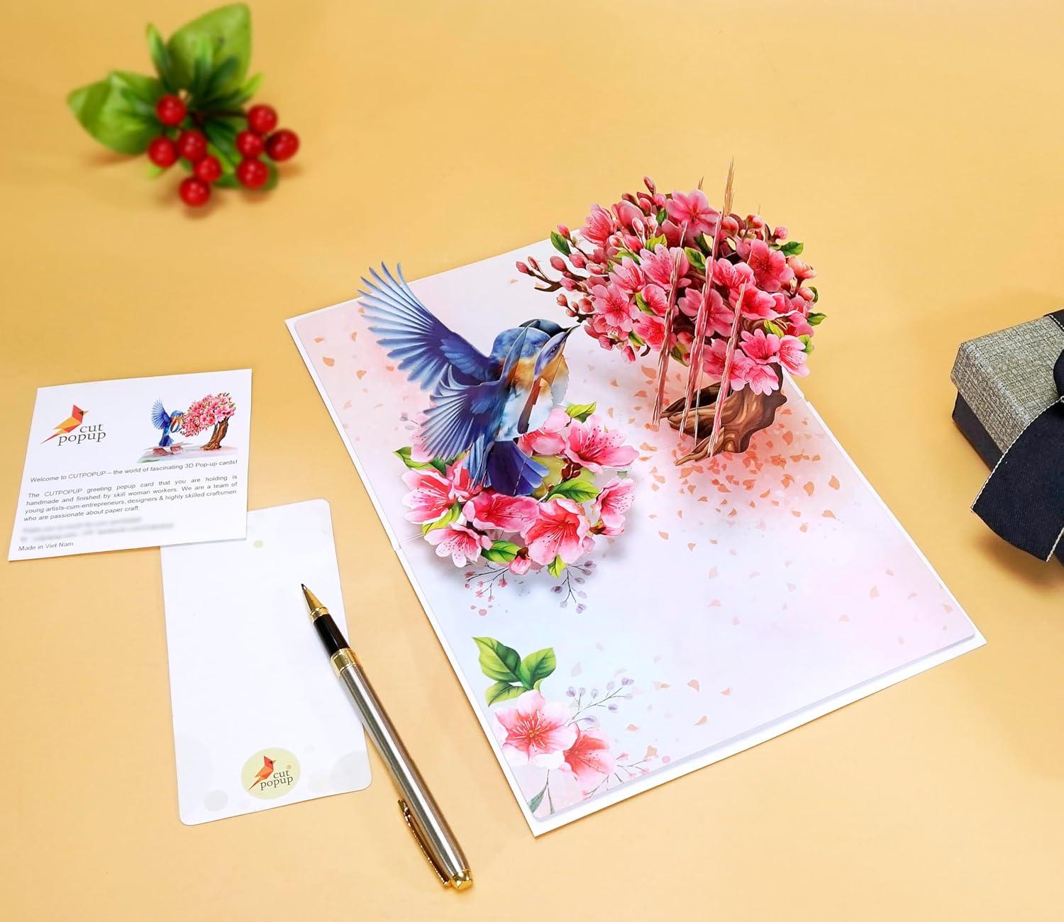 imageCUTPOPUP Mothers Day Card Pop Up Birthday Card 3D Popup Greeting Card Daffodil YellowRobin Cherry6x8in