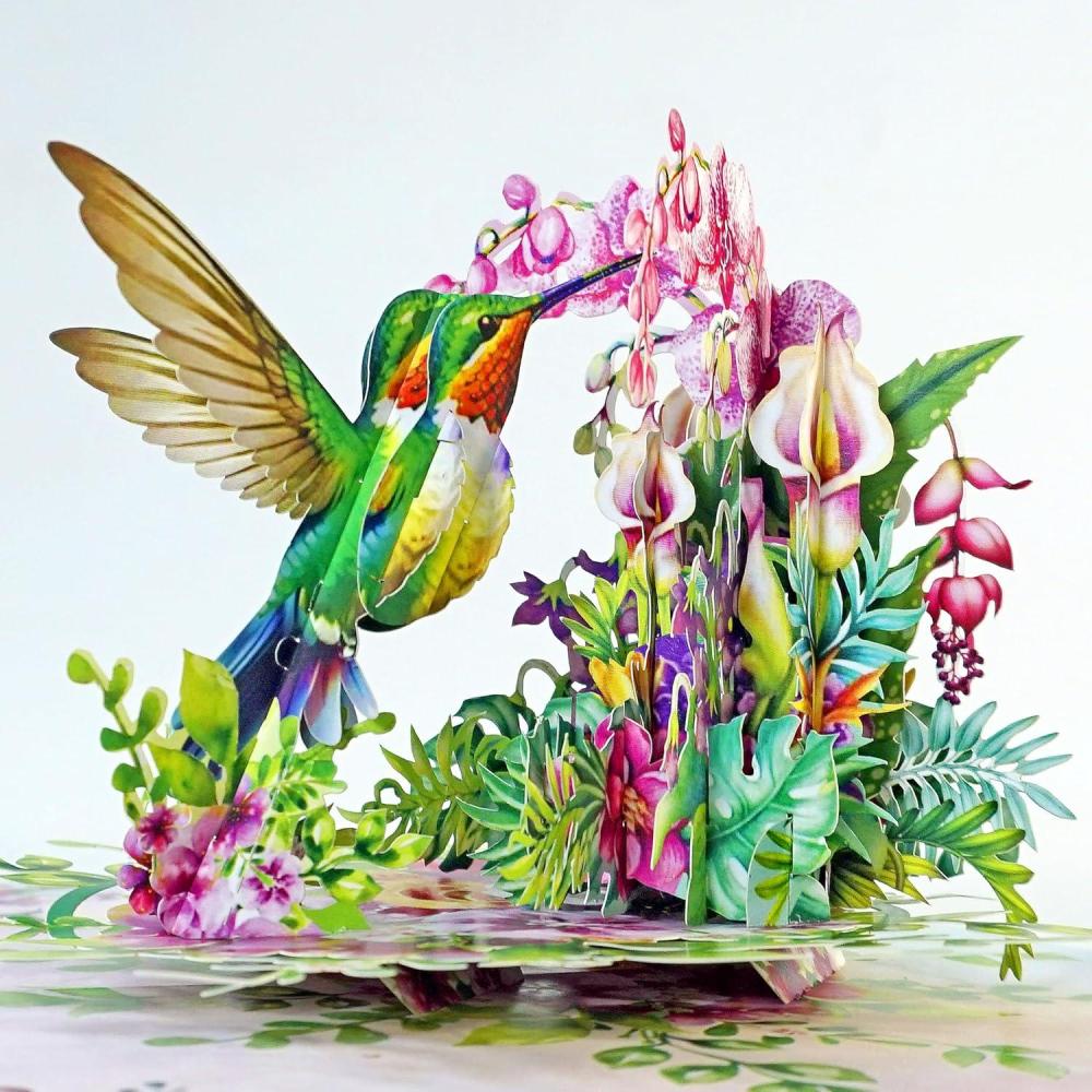imageCUTPOPUP Mothers Day Card Pop Up Birthday Card 3D Popup Greeting Card Daffodil YellowHummingbird Orchid6x8in
