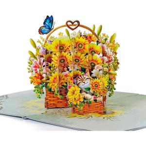 CUTPOPUP Mothers Day Card Pop Up, Birthday Card, 3D Popup Greeting Card (Daffodil Yellow)(Sunflower Basket w Cat-6x8in)