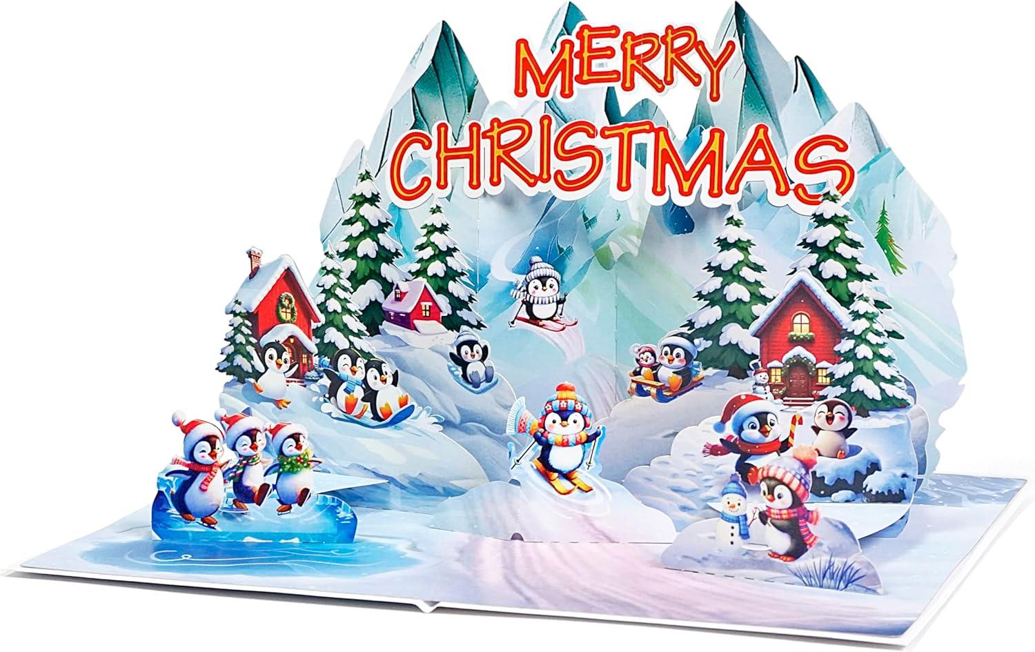 imageCUTPOPUP Merry Christmas Card Pop Up 3D Xmas New Year Holiday Greeting Card Christmas NightIcy Penguin6x8in