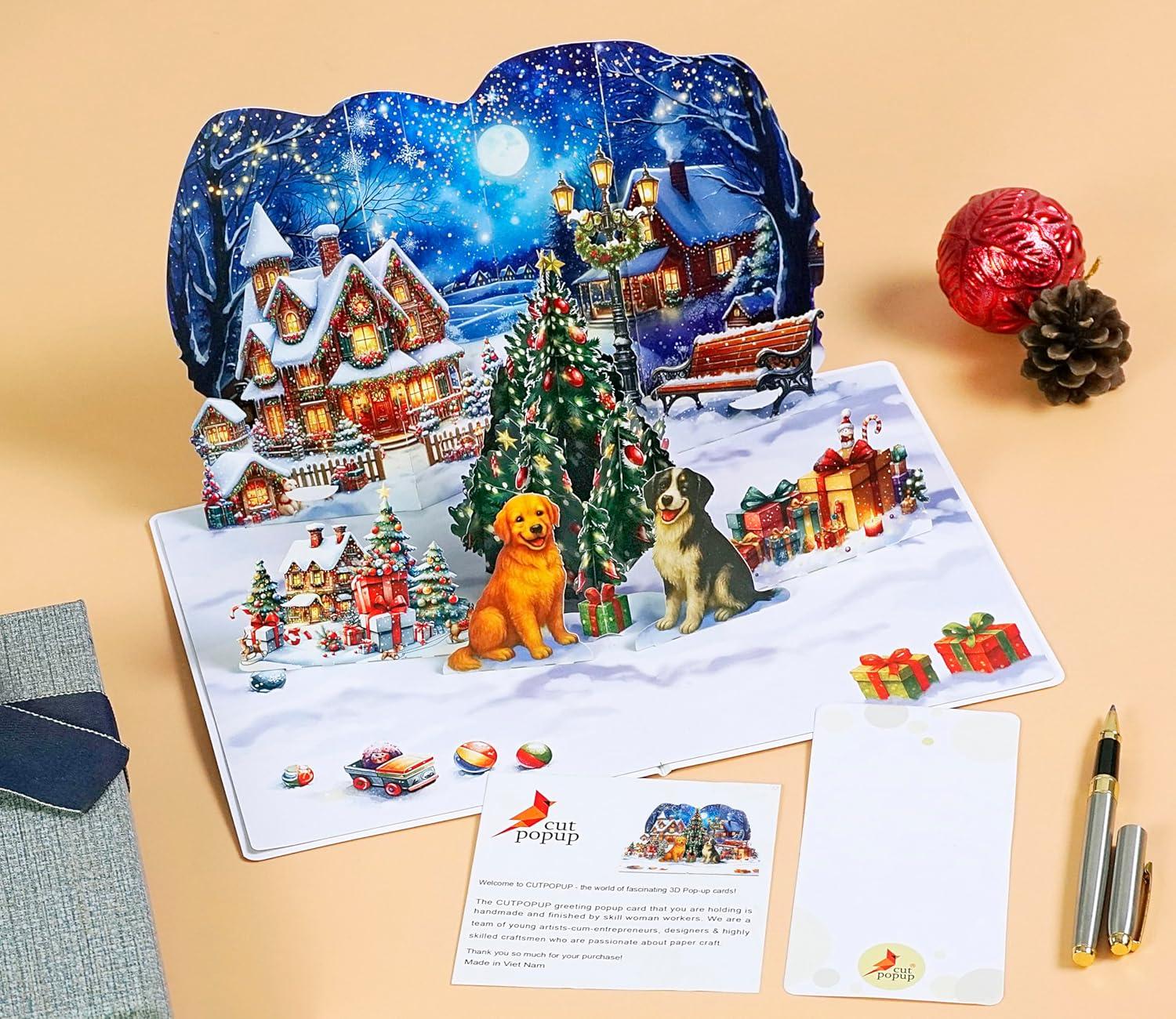 imageCUTPOPUP Merry Christmas Card Pop Up 3D Xmas New Year Holiday Greeting Card Christmas NightMerry Dogs6x8in