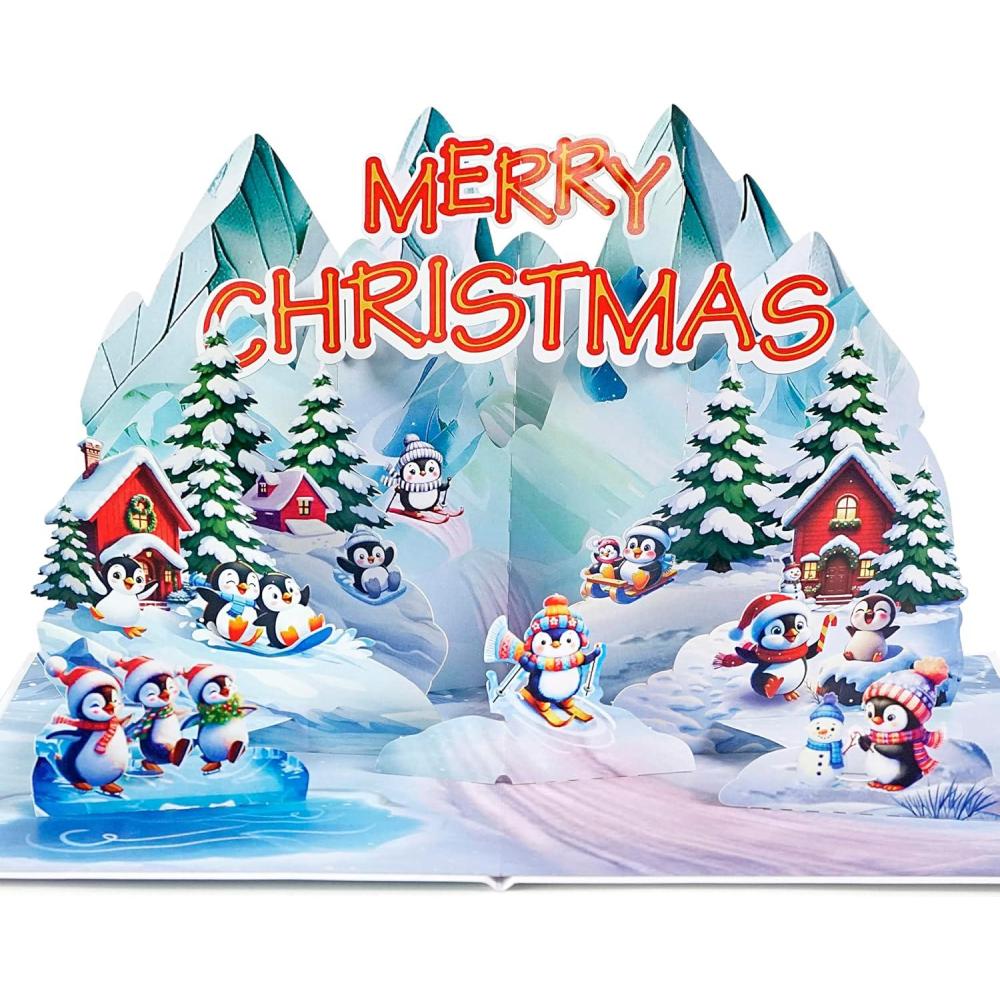 imageCUTPOPUP Merry Christmas Card Pop Up 3D Xmas New Year Holiday Greeting Card Christmas NightIcy Penguin6x8in