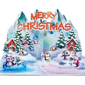 CUTPOPUP Merry Christmas Card Pop Up, 3D Xmas, New Year, Holiday Greeting Card (Christmas Night)(Icy Penguin-6x8in)