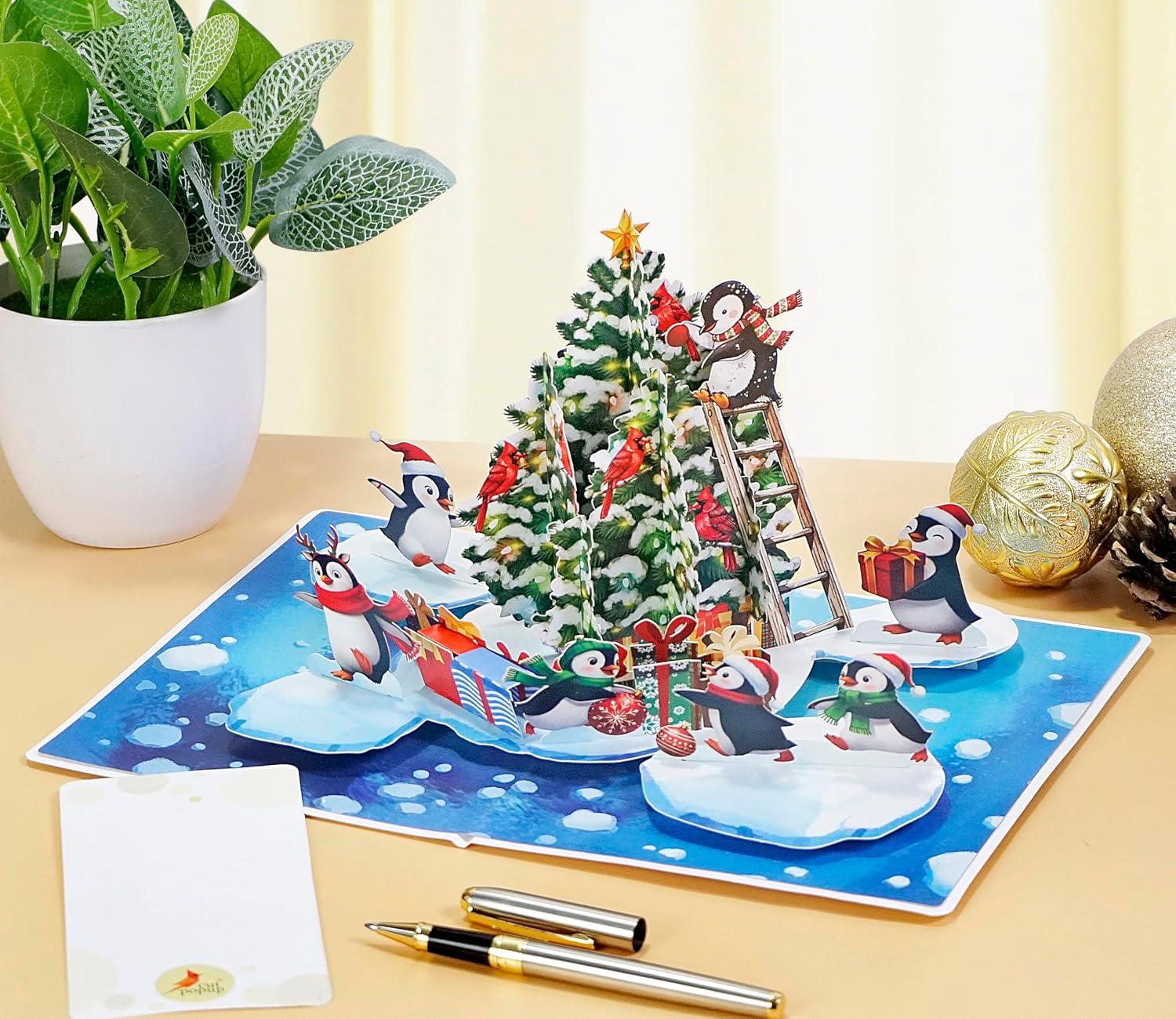 imageCUTPOPUP Christmas Card Pop Up 3D Xmas New Year Nativity Religious Holiday Greeting Card Holy NightMerry Penguins6x8in