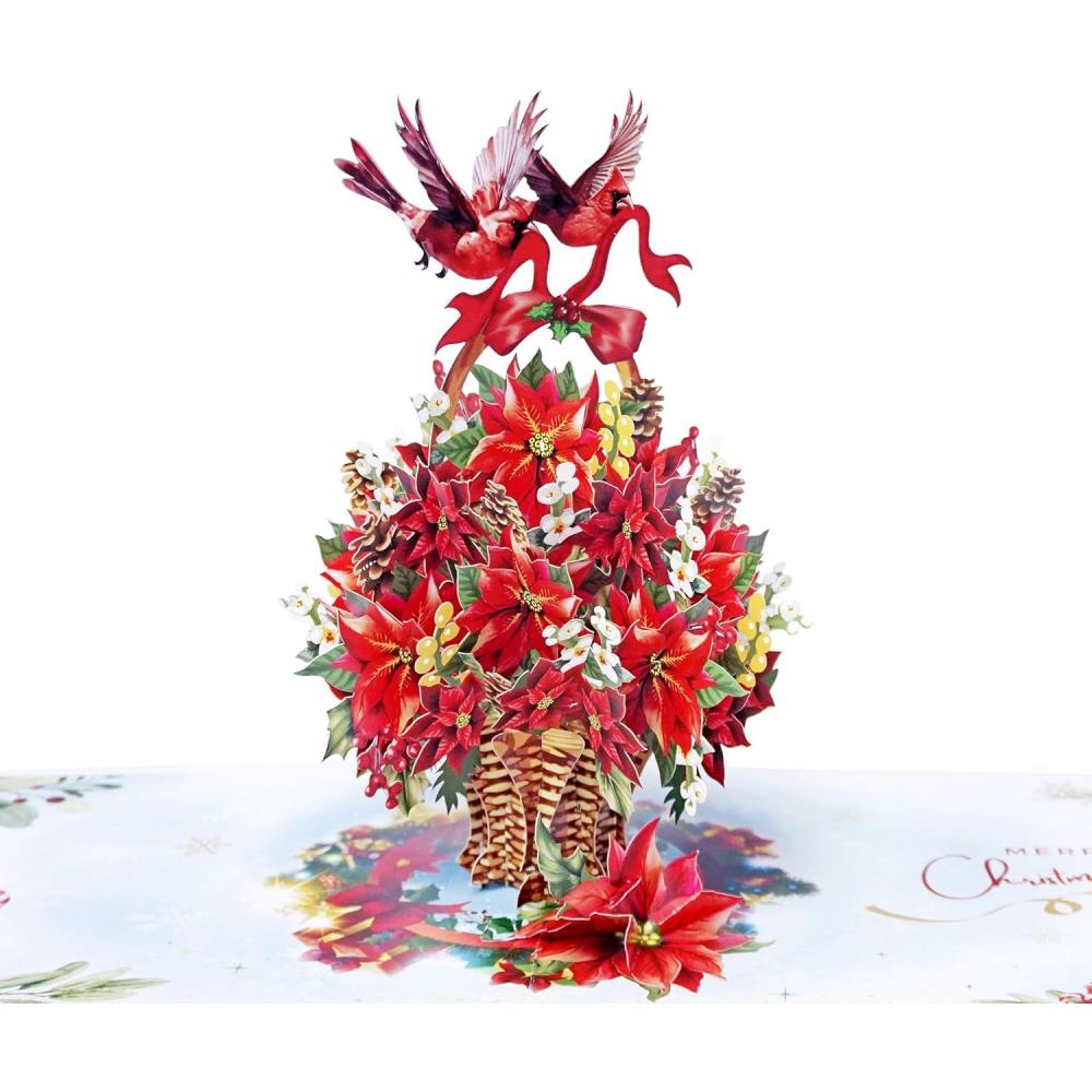 imageCUTPOPUP Christmas Card Pop Up 3D Xmas New Year Nativity Religious Holiday Greeting Card Holy NightPoinsettia Basket with Cardinals6x8in