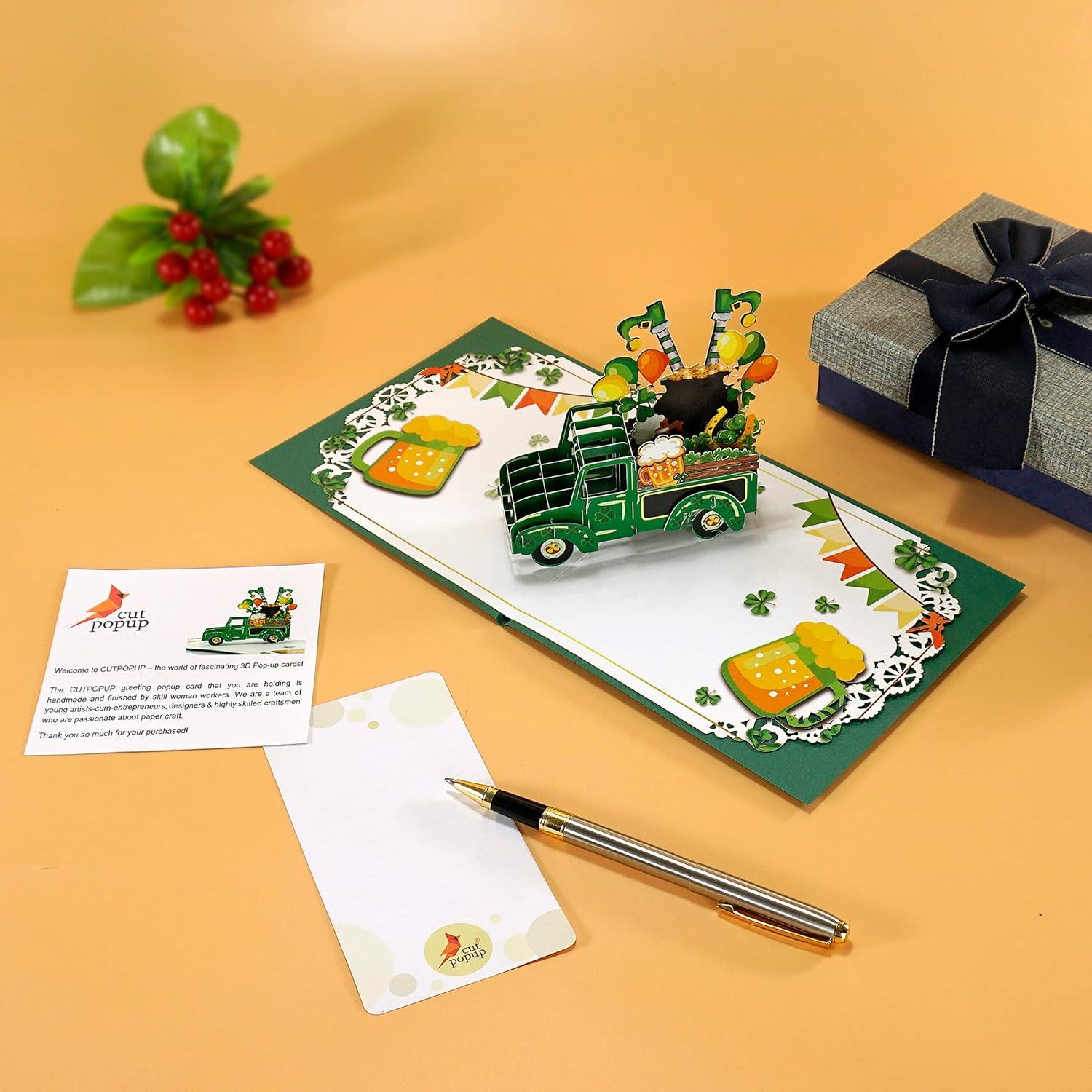 imageCUTPOPUP St Patricks Day Card Pop Up 3D Greeting Card Patrick TreeCar for Patricks Day