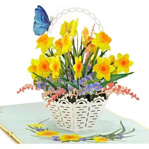 CUT POPUP.COM Mothers Day Card, 3D Pop Up Birthday Paper Art Greeting Card, Father’s Day, Meaningful Gift for Dad, Husband, Grandpa (Hummingbird)(Daffodils Basket-6x6in)