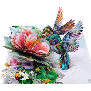 CUT POPUP.COM Mothers Day Card, 3D Pop Up Birthday Paper Art Greeting Card, Father’s Day, Meaningful Gift for Dad, Husband, Grandpa (Hummingbird)(Hibicus Hummingbird-6x8in)
