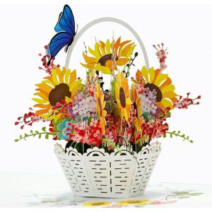 CUT POPUP.COM Mothers Day Card, 3D Pop Up Birthday Paper Art Greeting Card, Father’s Day, Meaningful Gift for Dad, Husband, Grandpa (Hummingbird)(Sunflowers Basket-6x6in)